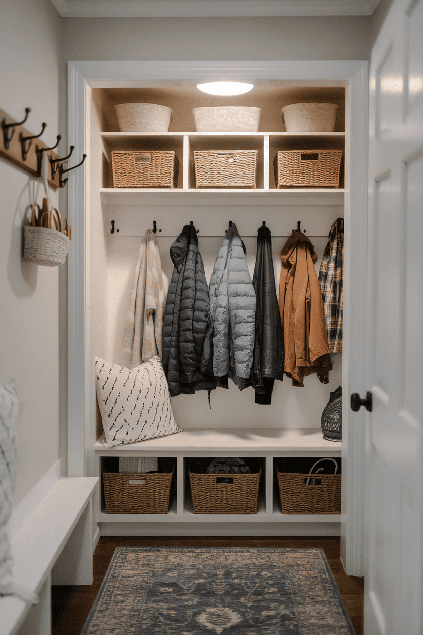 Organized mudroom closet with hooks for jackets, a bench, and storage baskets.