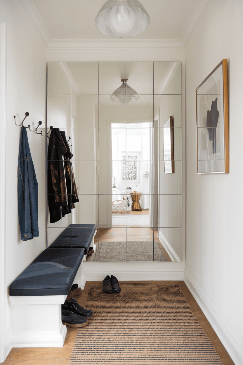 A modern mudroom hallway featuring a mirror wall, a bench, hooks for jackets, and a view into another room.