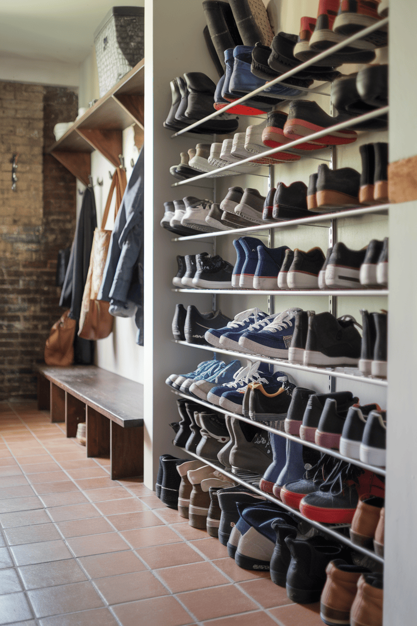 An organized open shoe rack displaying various styles of shoes in a mudroom.