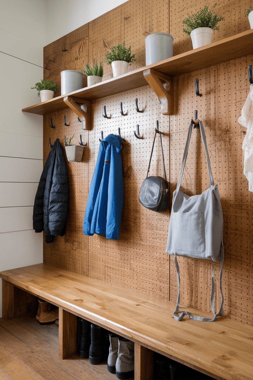 Rustic pegboard wall organizer in a mudroom with hooks and shelves