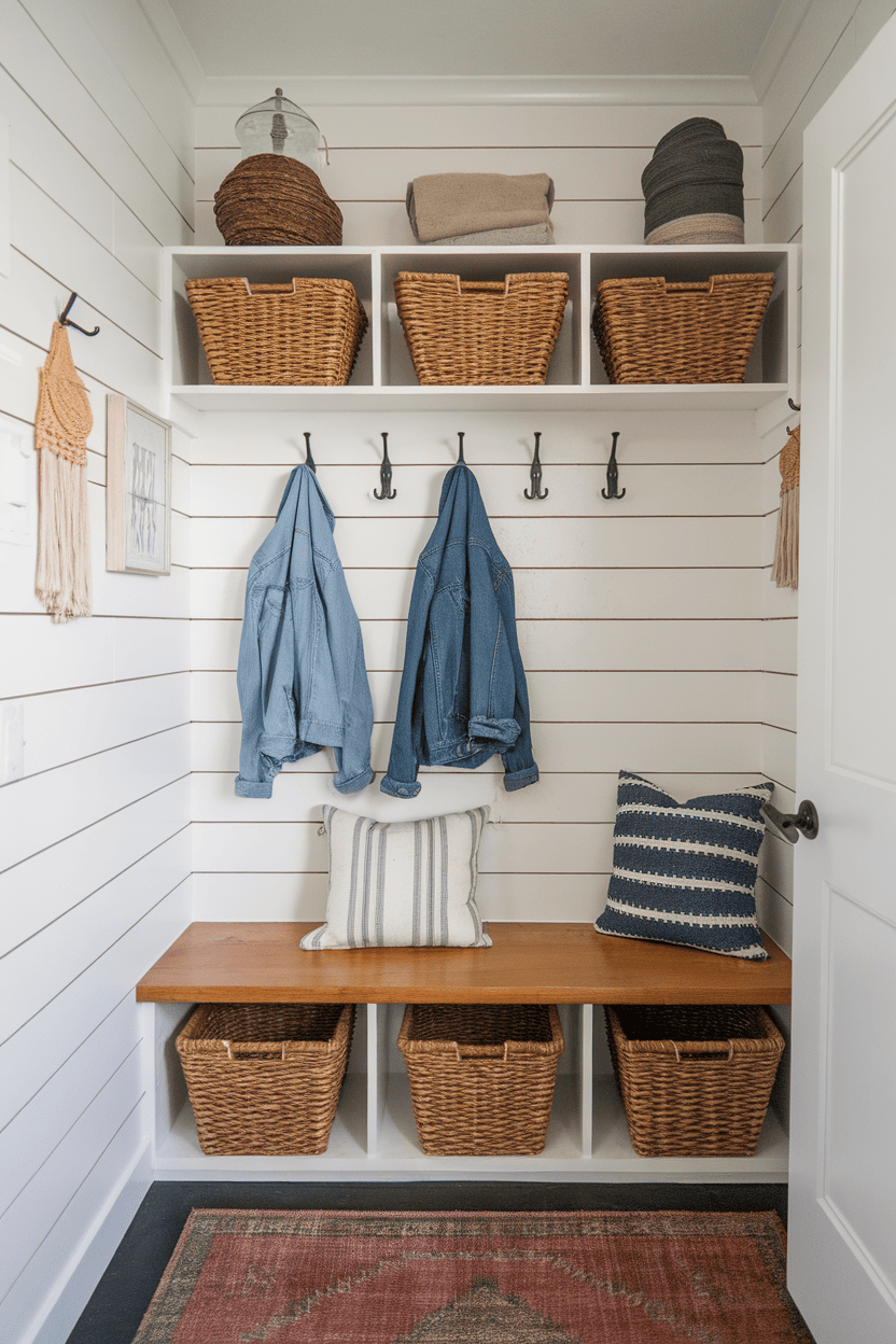 Rustic farmhouse mudroom closet with shiplap walls, woven baskets, and hooks for jackets.