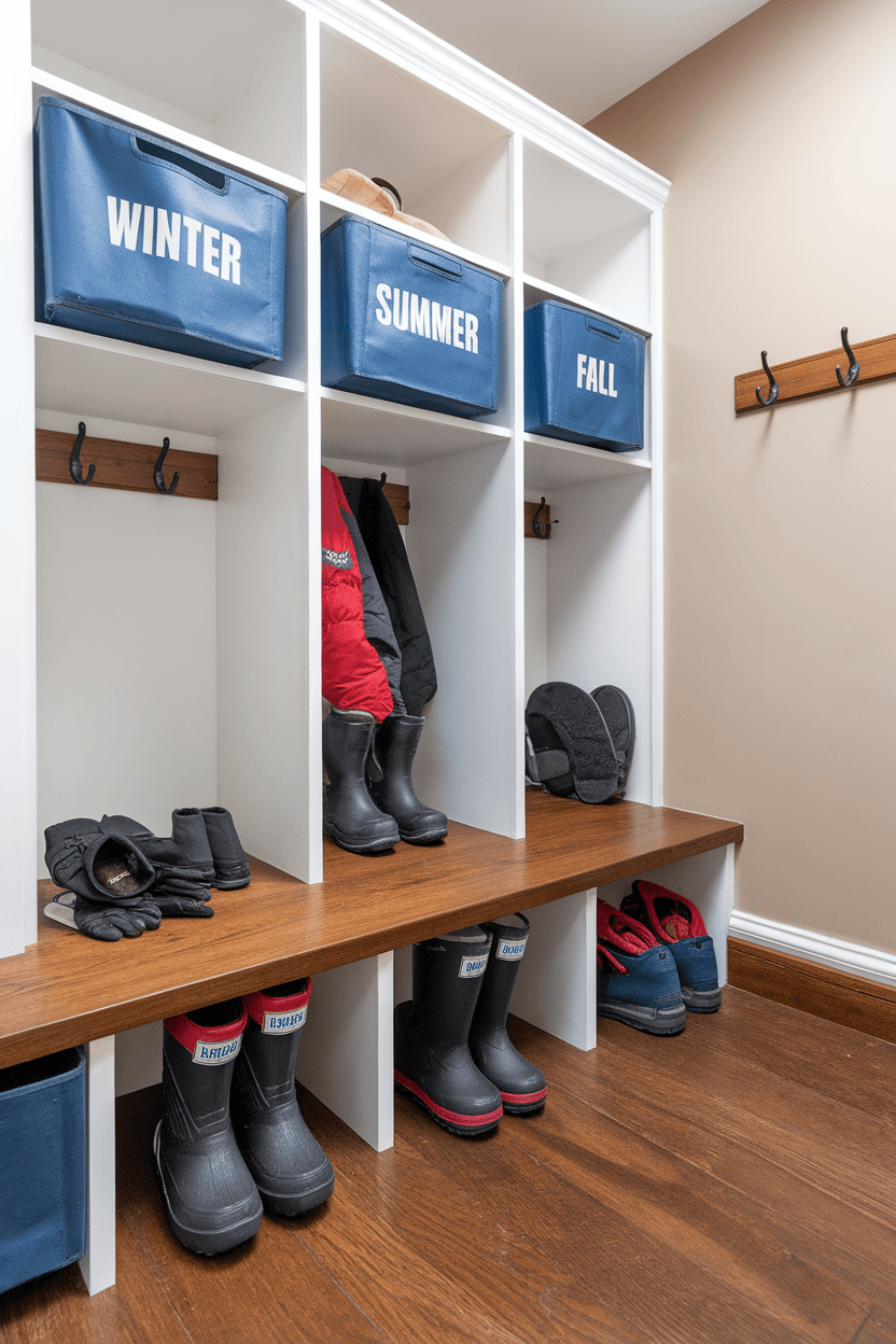 Organized mudroom with seasonal bins labeled for winter, summer, and fall, along with hooks for jackets and a bench for sitting.