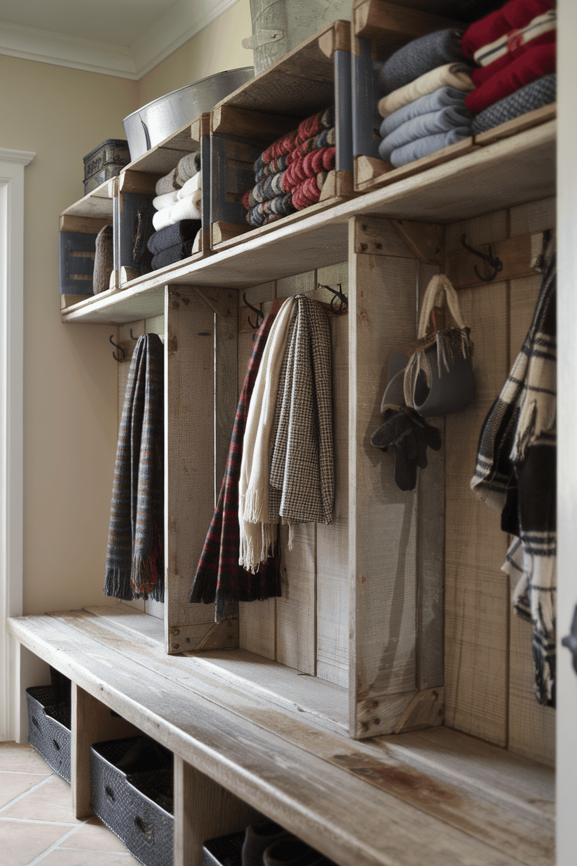 A cozy farmhouse mudroom with sliding crate drawers and shelves filled with blankets and accessories.