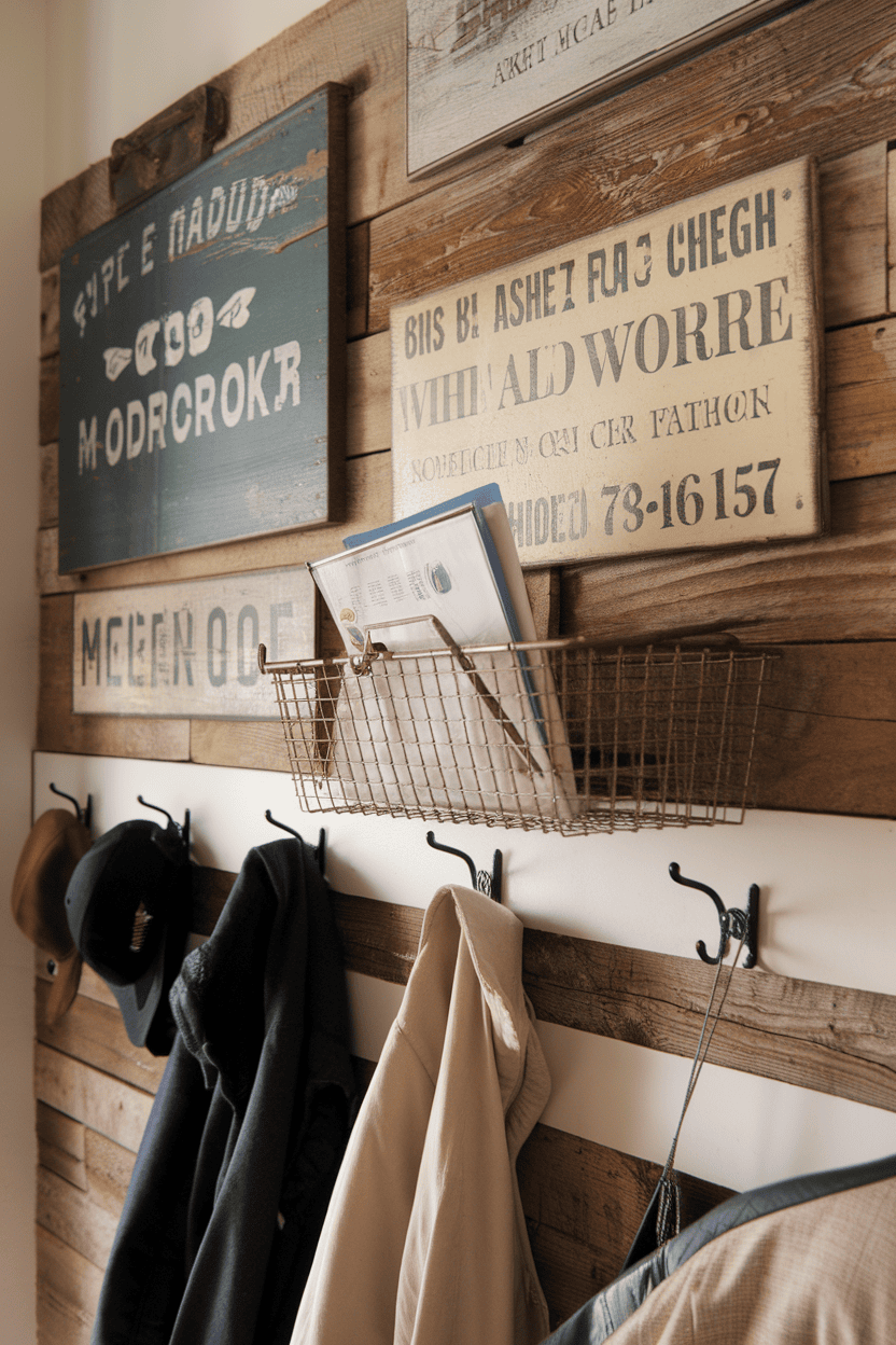 Rustic farmhouse mudroom wall displaying signs, hooks for coats, and a wire basket for organization.