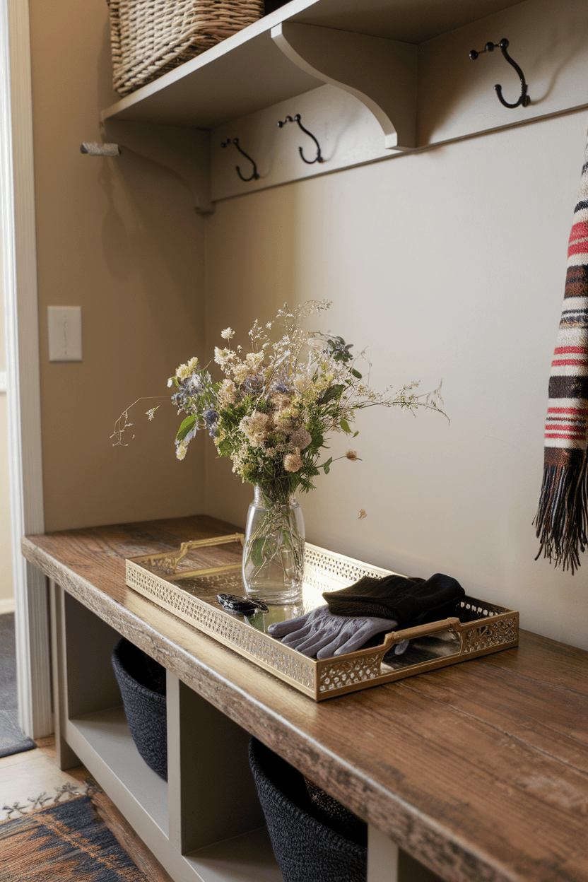 A cozy mudroom with a wooden bench, a gold decorative tray holding gloves, and a bouquet of flowers.