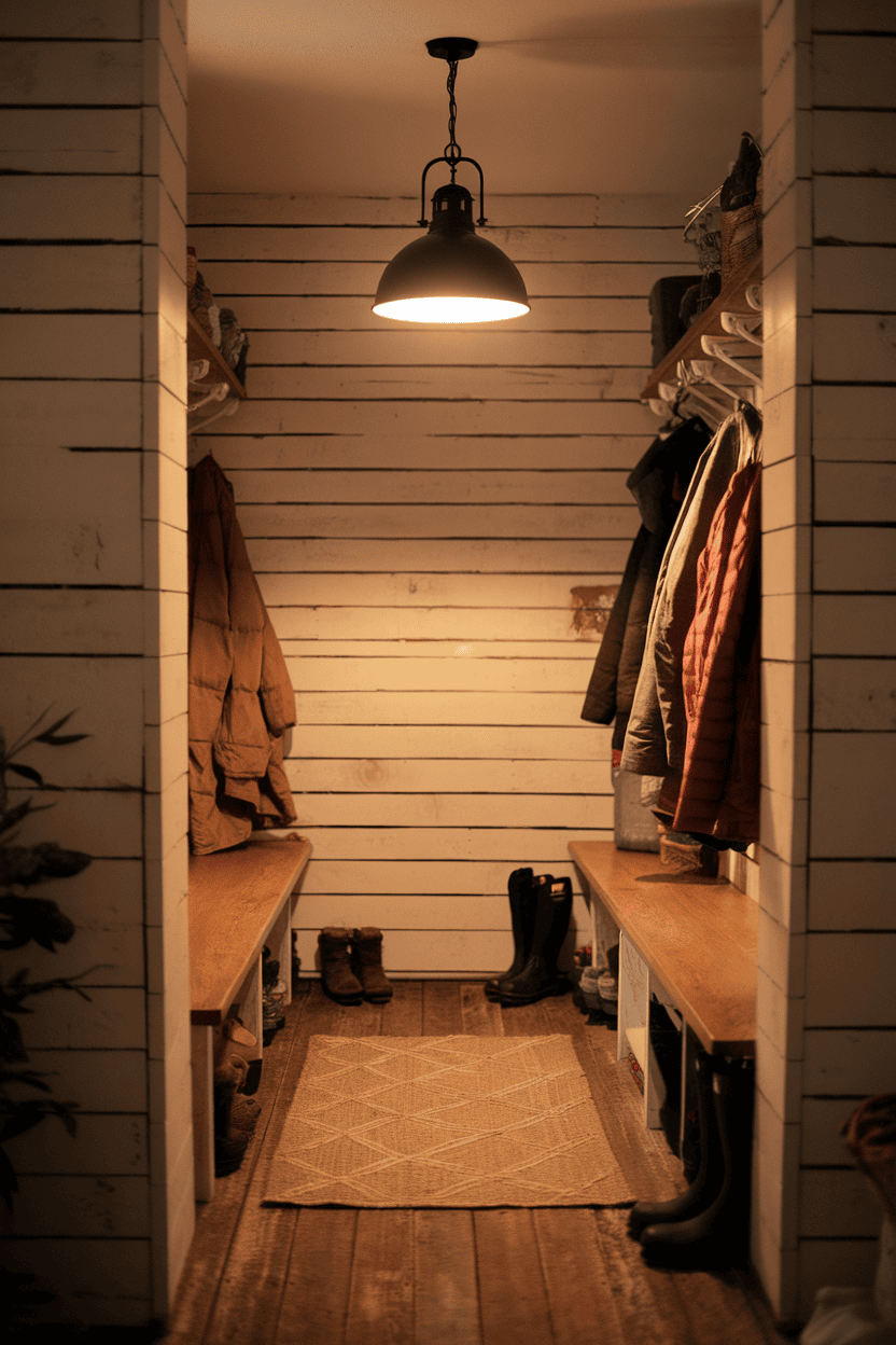 A rustic mudroom featuring a black pendant light, wooden benches, and white shiplap walls.