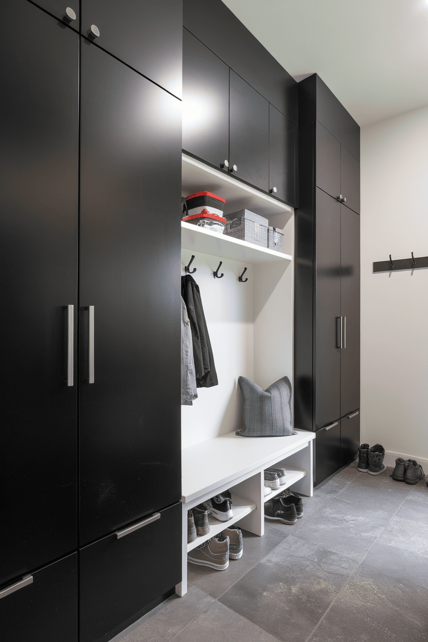 Modern mudroom with floor-to-ceiling storage, featuring black cabinets and open shelving.