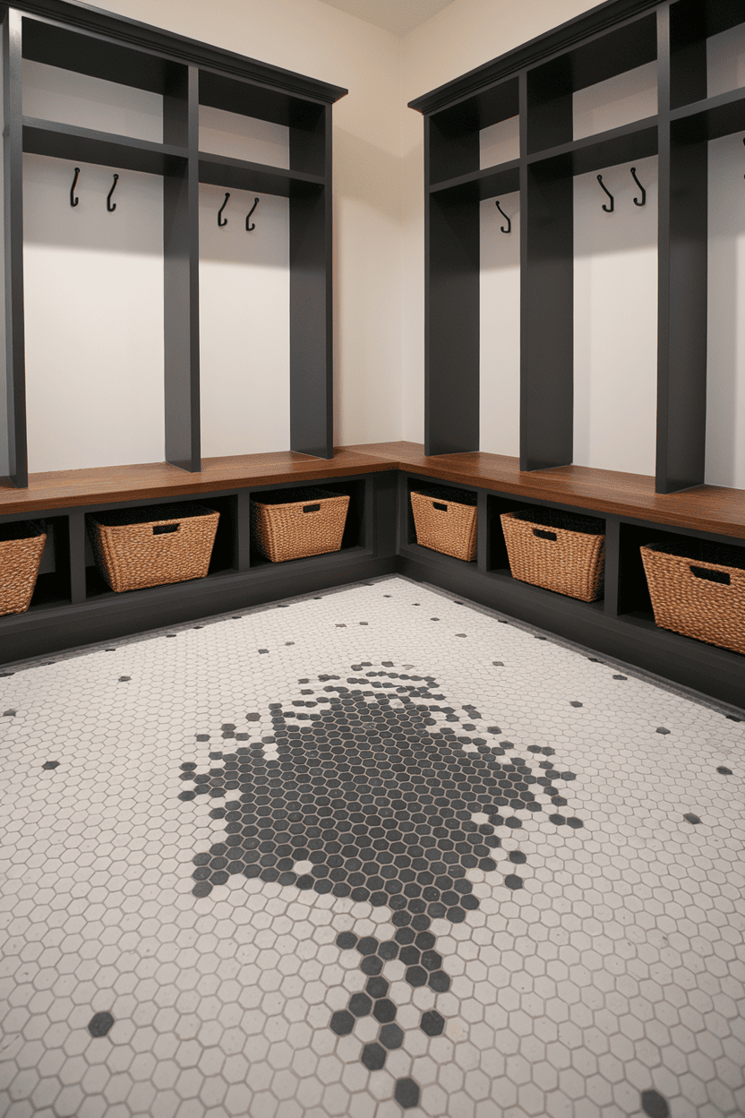 Mudroom with hexagonal tile flooring featuring a unique black and white pattern, complemented by modern storage shelves and woven baskets.