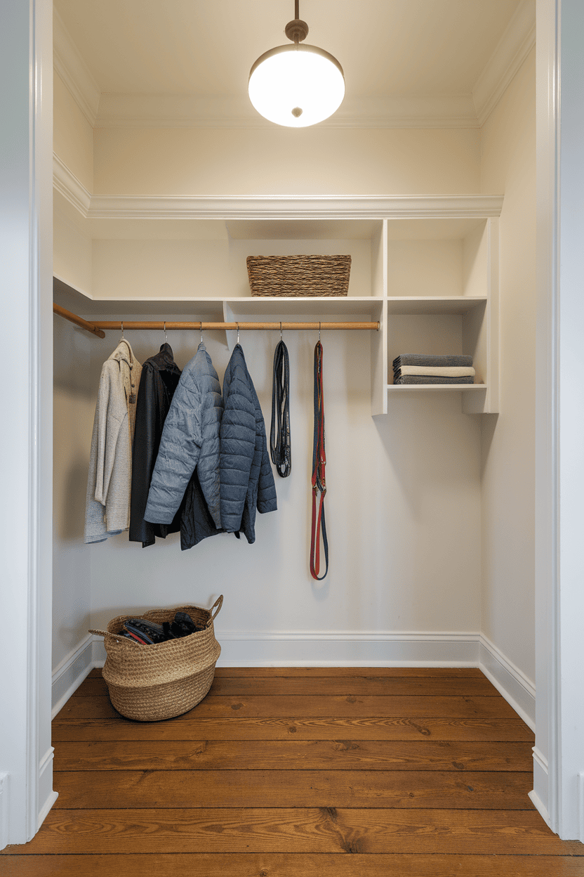 A clean and organized mudroom closet with coats hanging, leashes on hooks, and storage baskets on shelves.