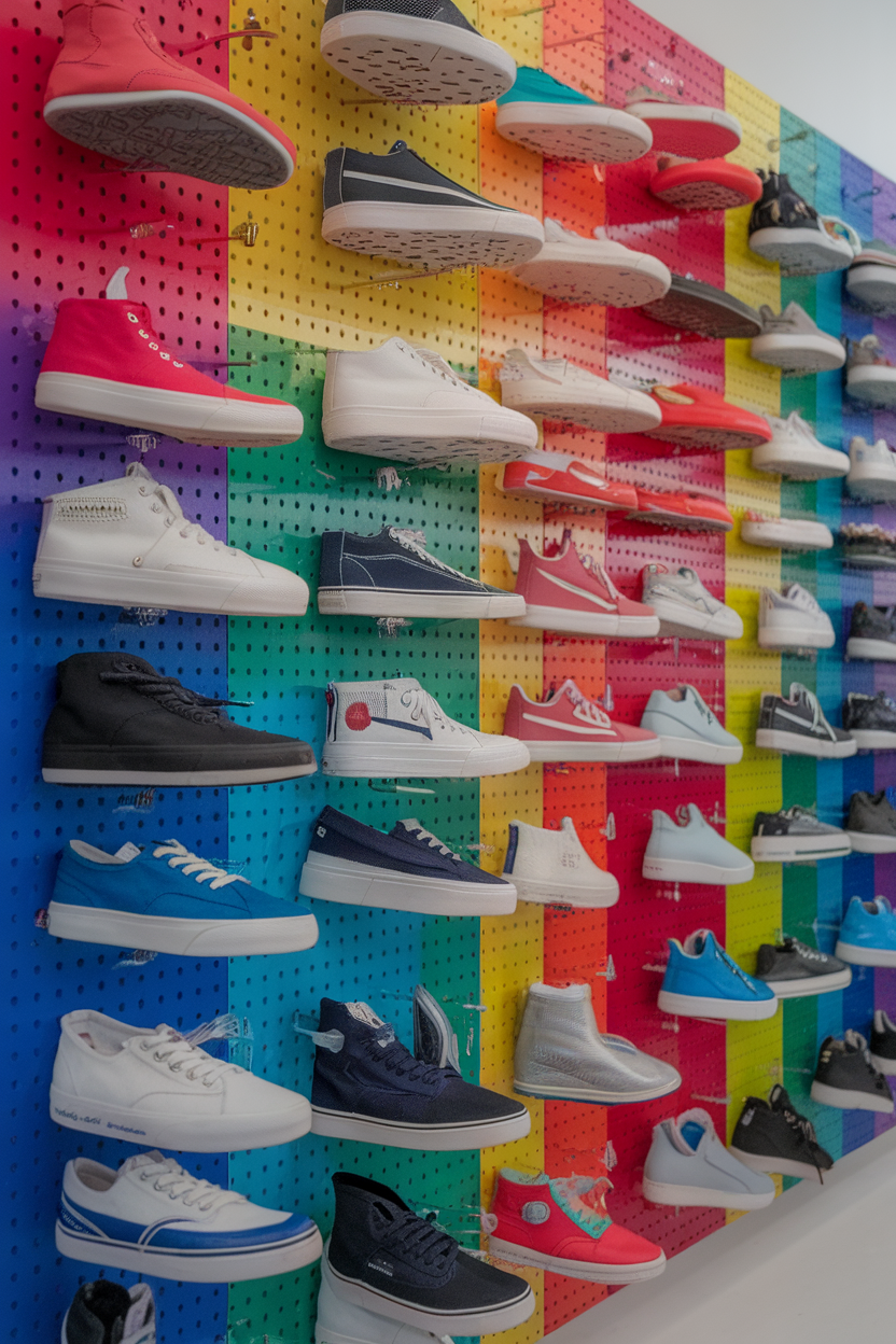 Colorful pegboard shoe display with various shoes organized neatly