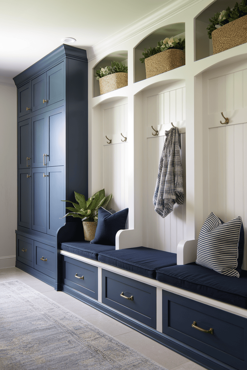 A stylish mudroom featuring a navy and white two-tone color scheme with storage cabinets, hooks, and decorative pillows.