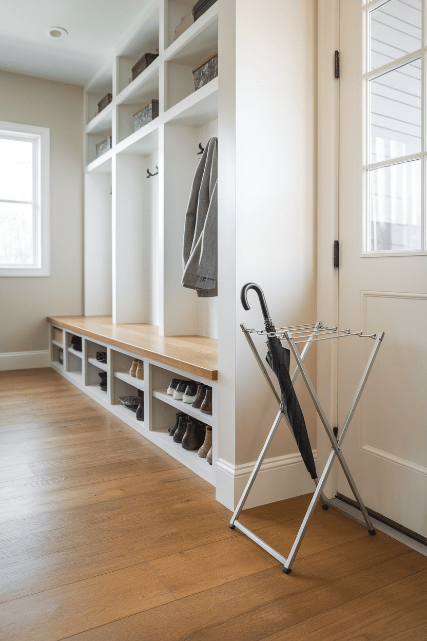 A neatly organized mudroom featuring a drying rack for wet gear, with hooks for jackets and a sunny doorway.