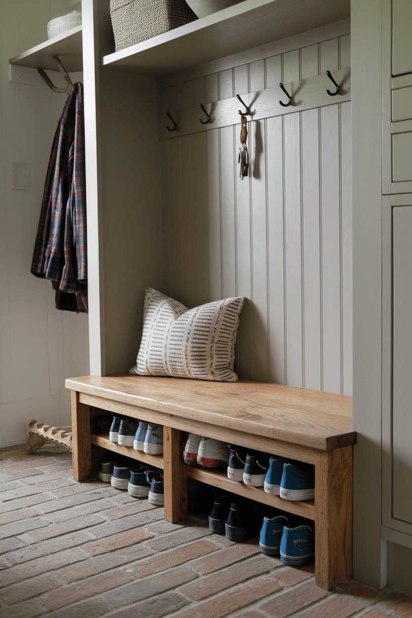 A wooden shoe bench with storage underneath, featuring shoes neatly arranged. There are hooks on the wall for hanging items, and a cozy cushion on top of the bench.