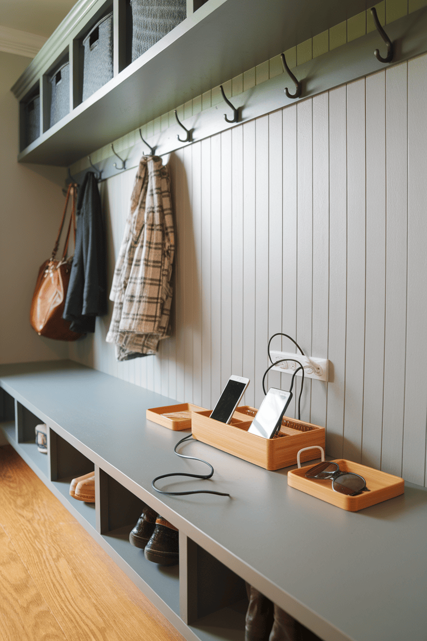 A well-organized mudroom with a charging station, hooks for coats, and a stylish bench.