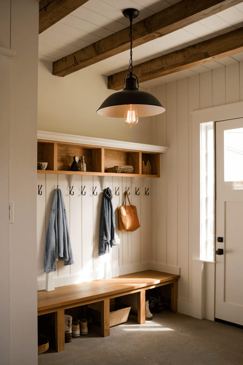 A farmhouse mudroom with a pendant light hanging from wooden beams, featuring a bench, coat hooks, and a welcoming atmosphere.