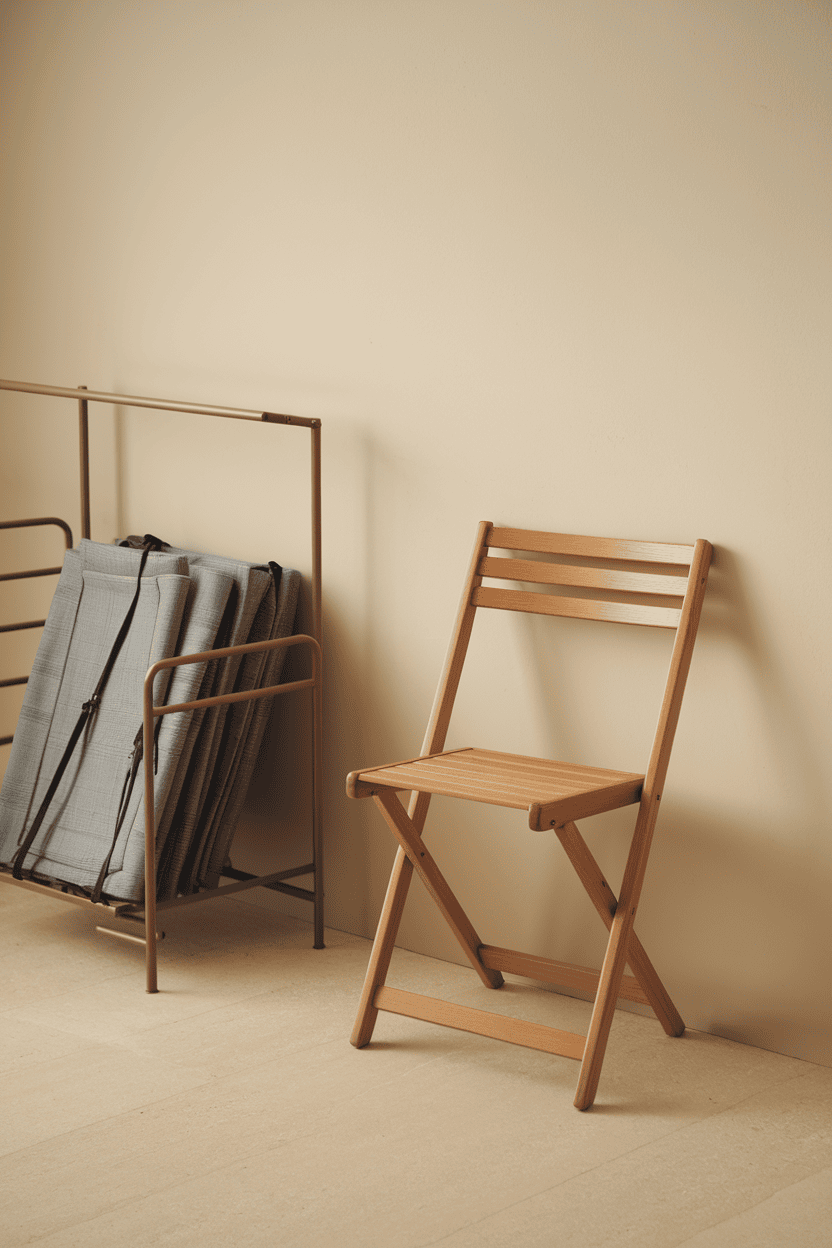 A cozy mudroom with a folding wooden chair, a clothing rack with hanging clothes, a potted plant, and a storage box