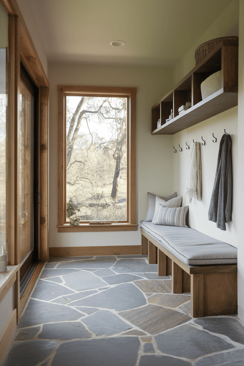 A modern mudroom with a cozy bench, hooks for hanging items, and a large window showing greenery outside.