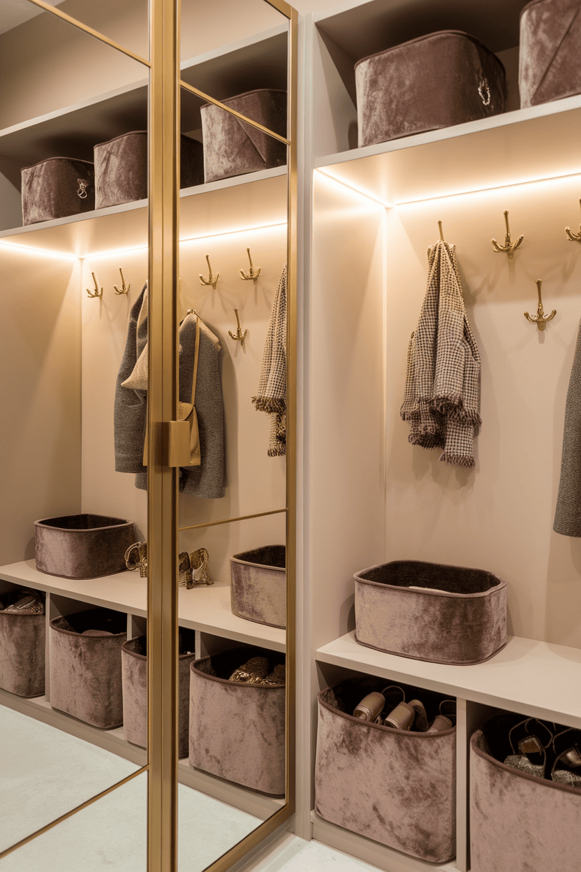 A luxurious mudroom closet featuring mirrors, stylish storage bins, and elegant lighting.