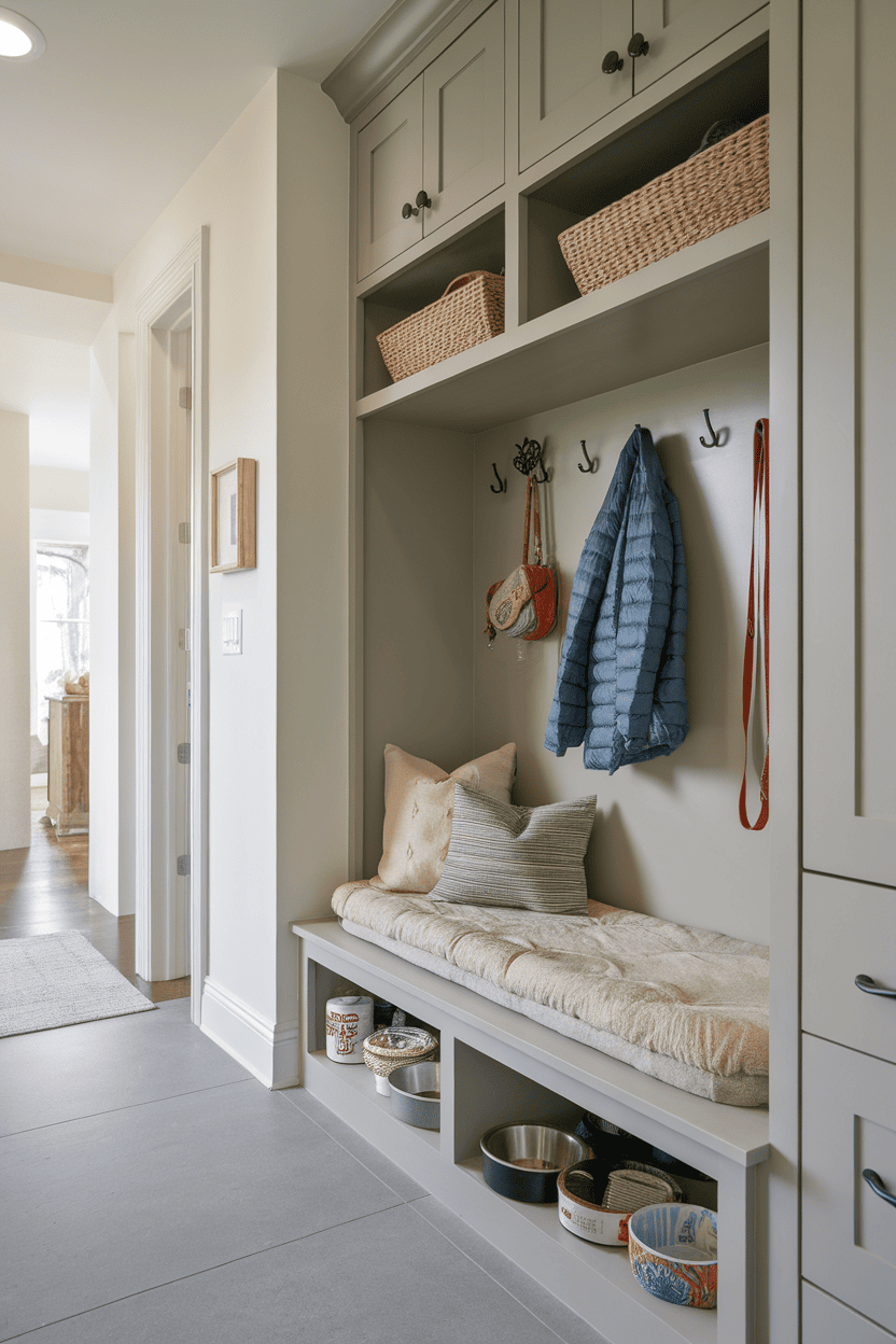 A mudroom hallway featuring a built-in bench with cushions, baskets above for storage, and hooks for hanging items, also includes space for pet bowls.