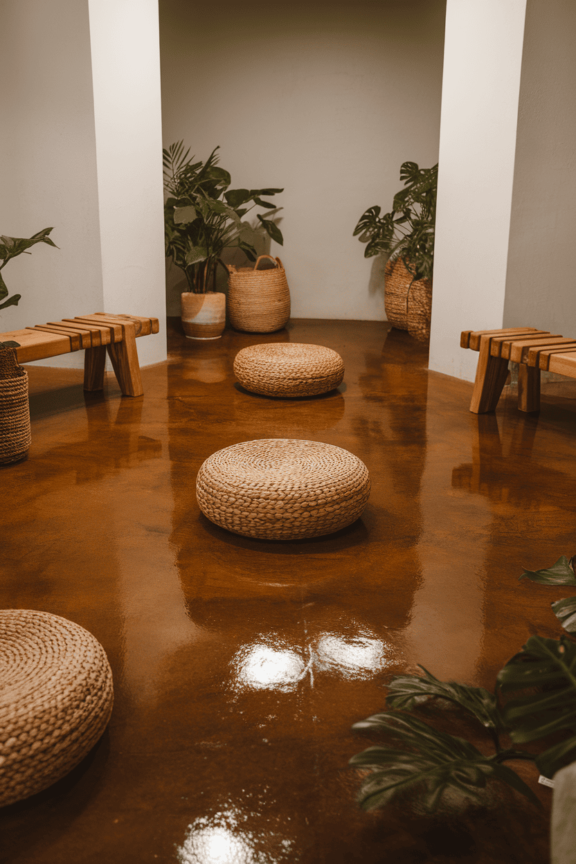 A modern mudroom with stained concrete flooring, featuring woven poufs, wooden benches, and potted plants.