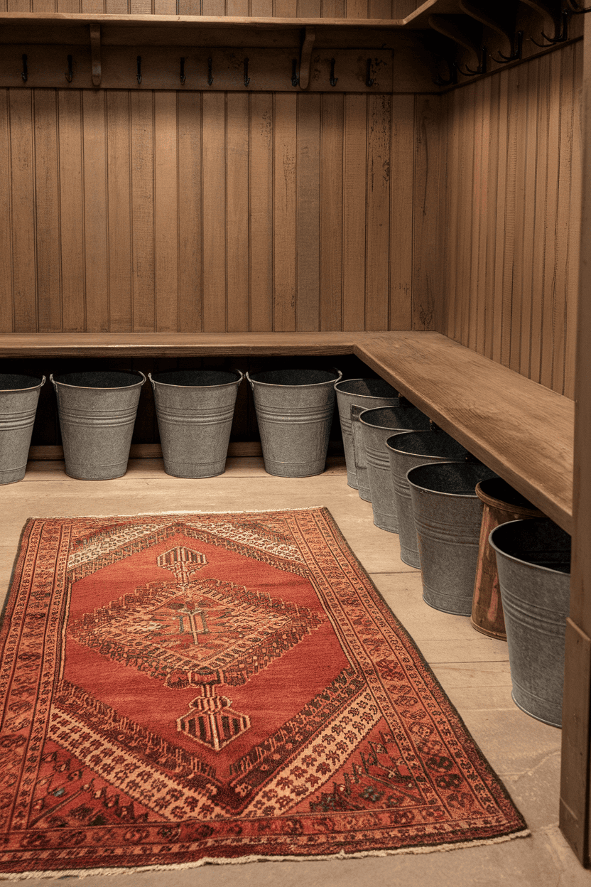 A rustic mudroom featuring a vintage red rug on a wooden floor, with silver metal buckets and a wooden bench.