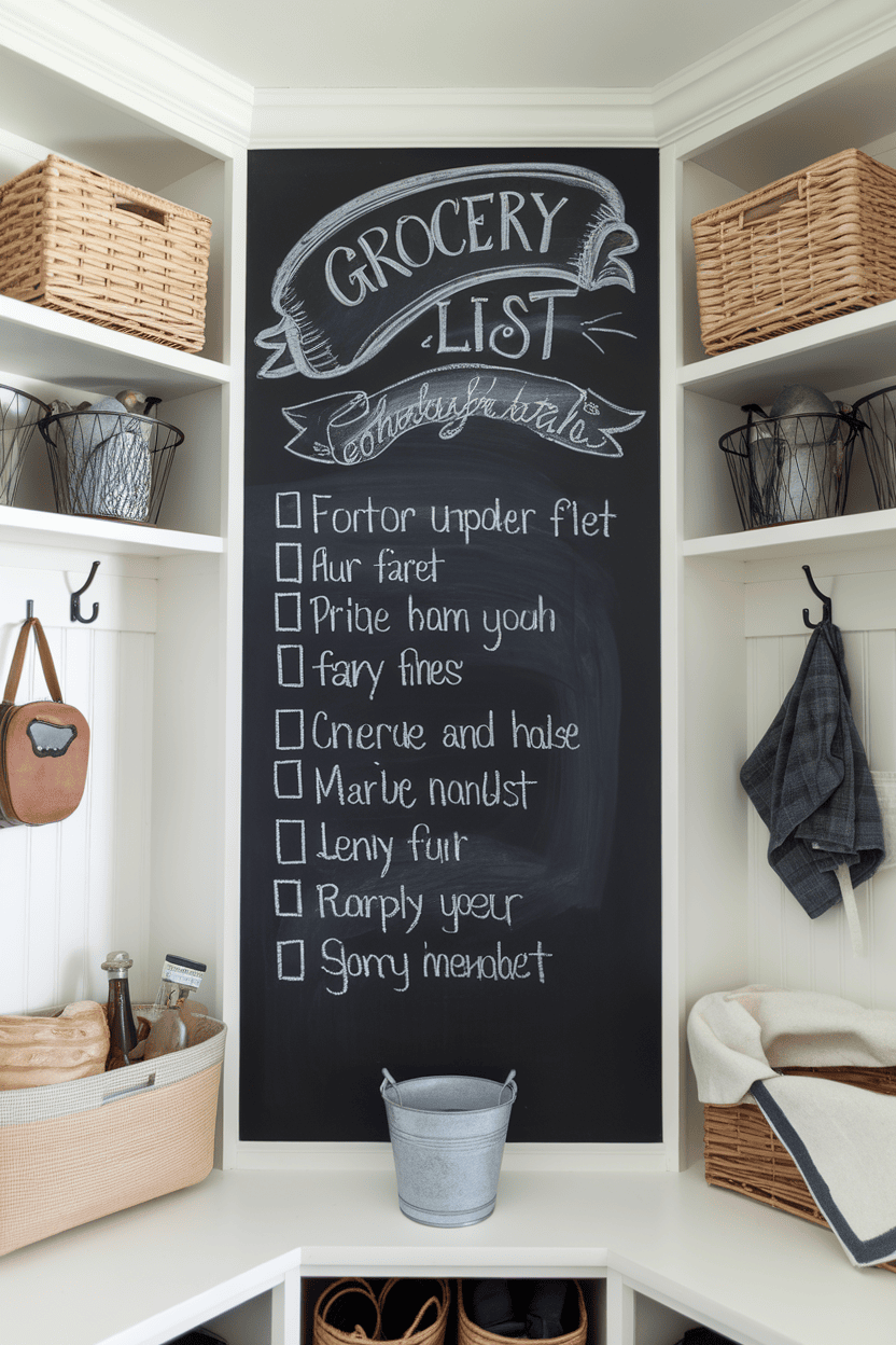 Mudroom featuring a chalkboard wall with a grocery list and organized storage.