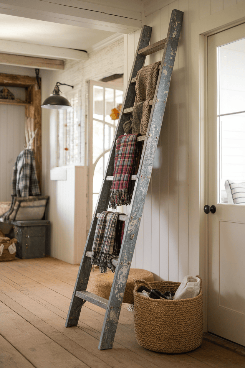 A rustic ladder used for storing blankets and scarves in a farmhouse mudroom, with a woven basket nearby.