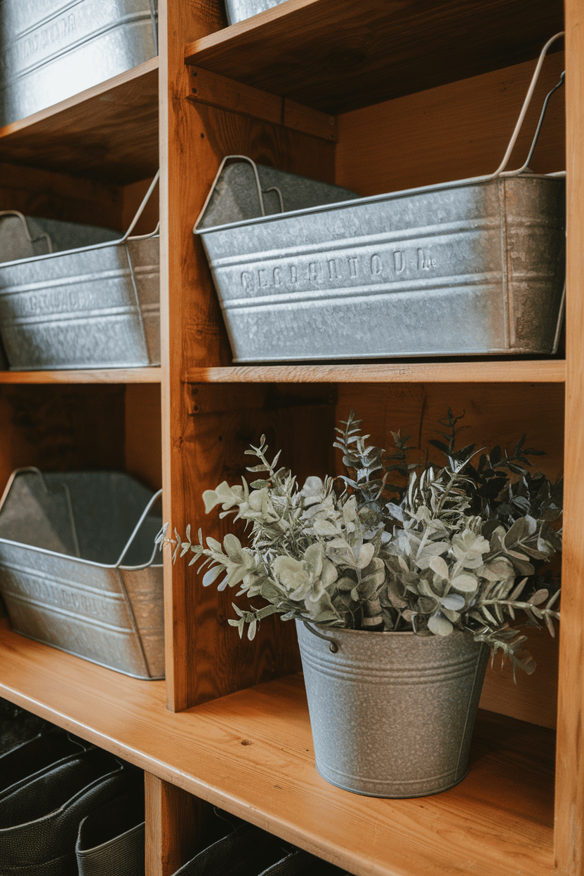 Shelves with galvanized metal bins and a potted plant in a farmhouse mudroom