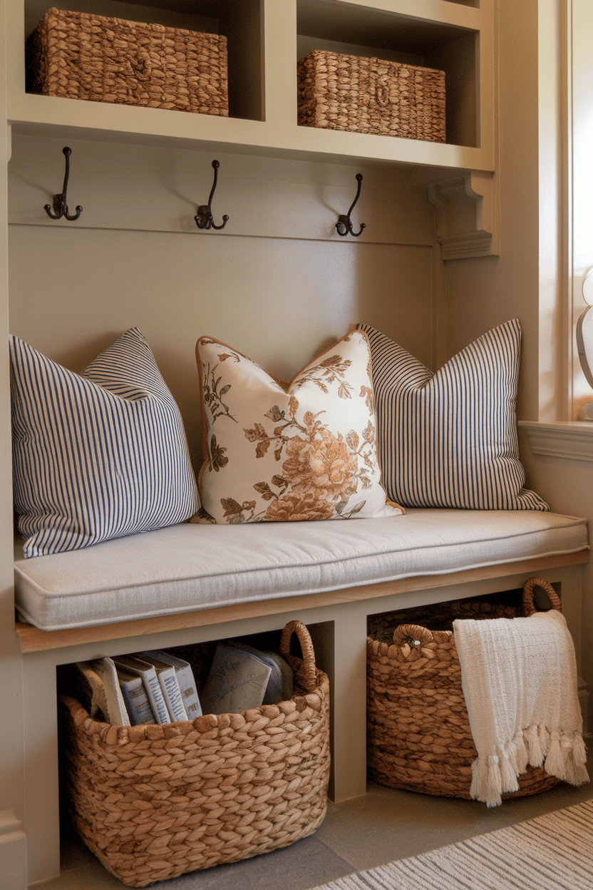 Cozy seating nook with striped and floral pillows, baskets for storage, and hooks for hanging items.