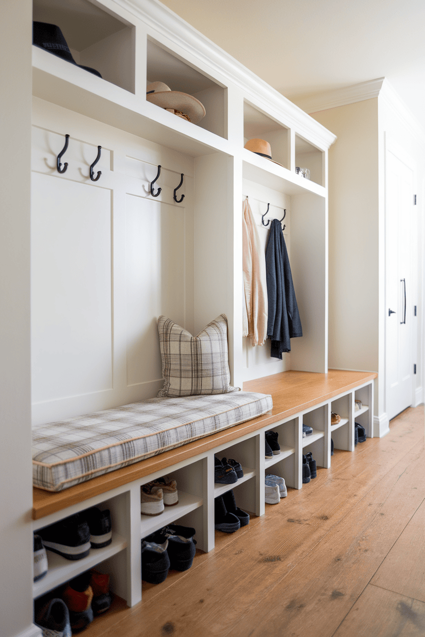 Mudroom featuring a built-in bench with hidden cubbies for shoe storage and hooks for coats