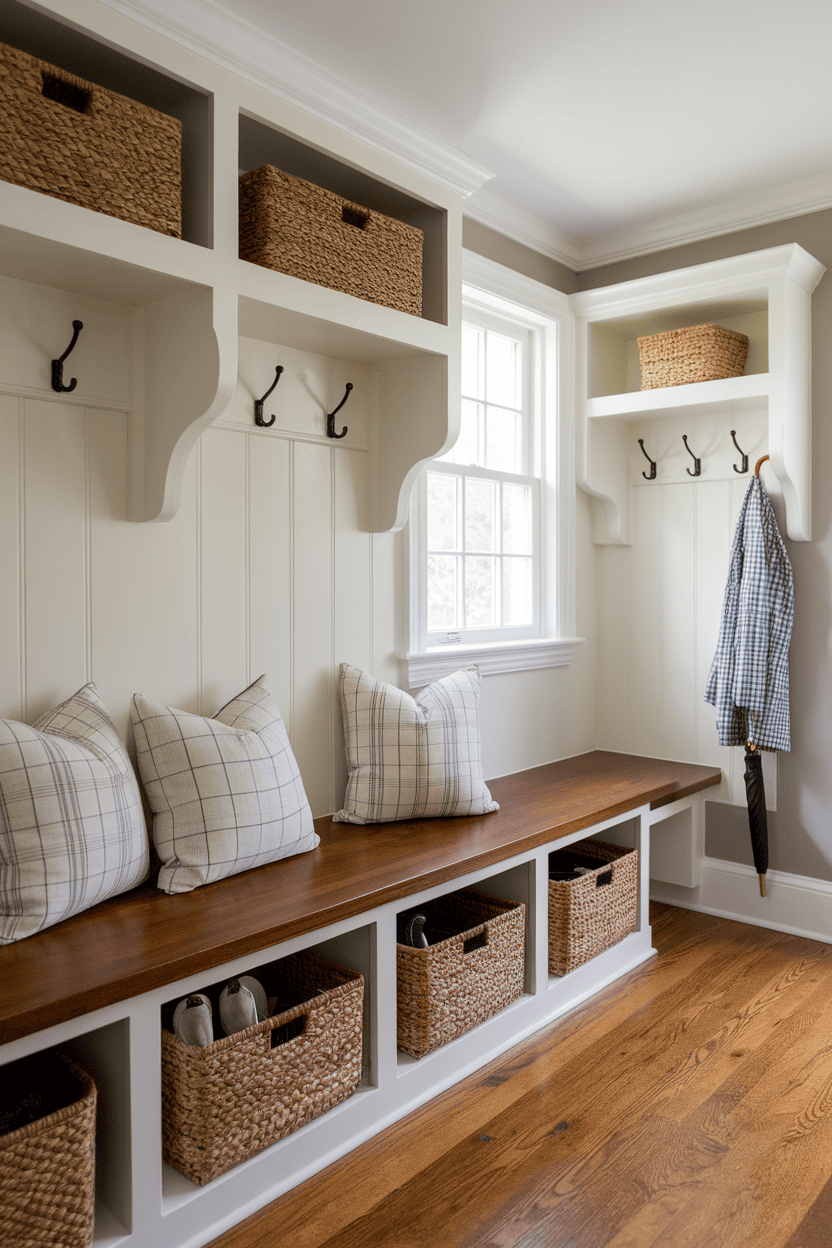 A mudroom featuring a built-in wooden bench with cushions, storage bins below, and hooks above for hanging coats and bags.