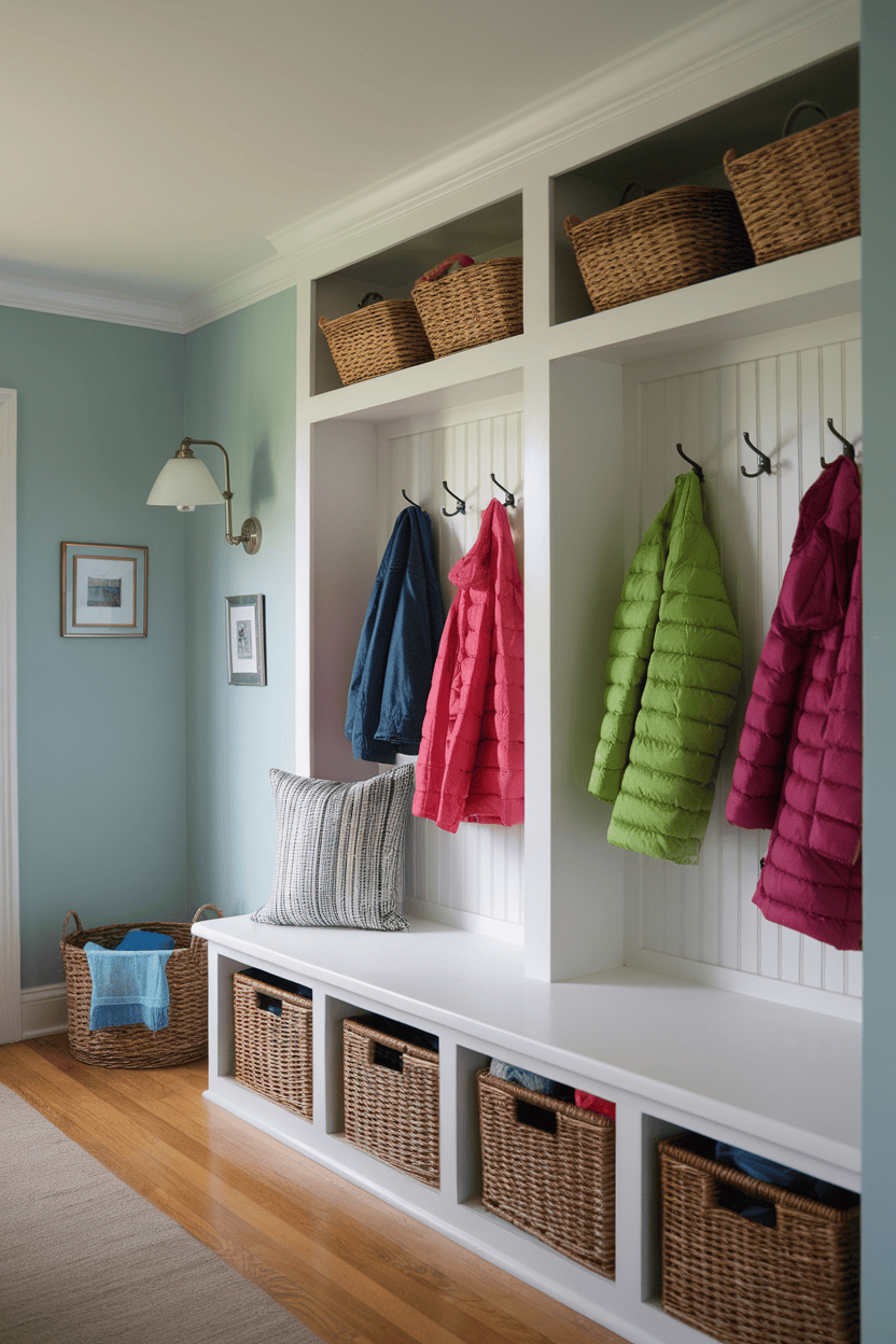 A built-in mudroom closet featuring a bench, hooks for jackets, and woven baskets for storage.