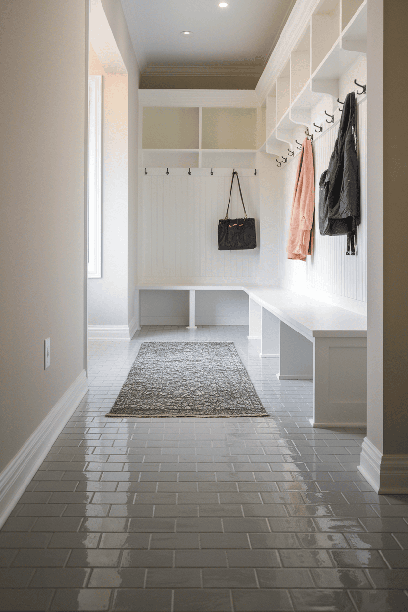 Modern mudroom with gray ceramic tile flooring and white cabinetry