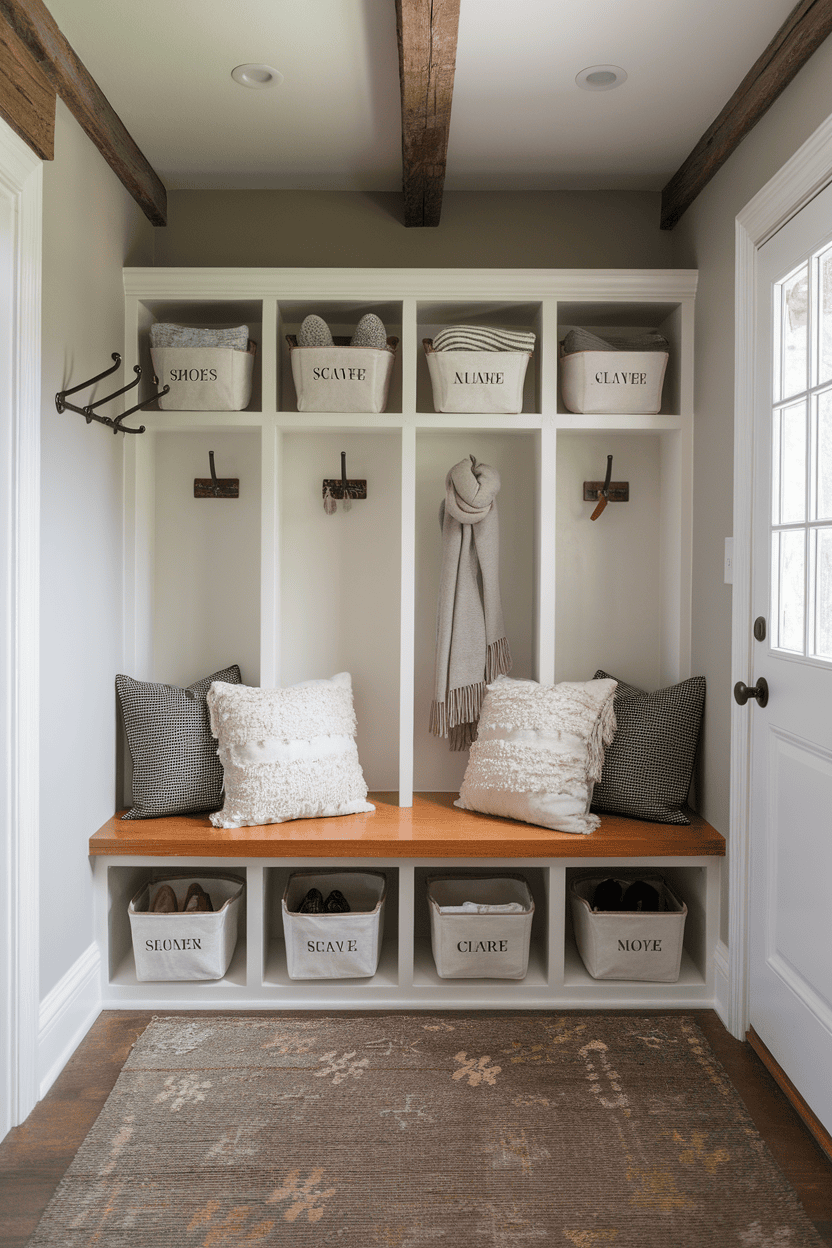 Mudroom with a built-in bench, cubbies, and decorative pillows, featuring labeled storage baskets.