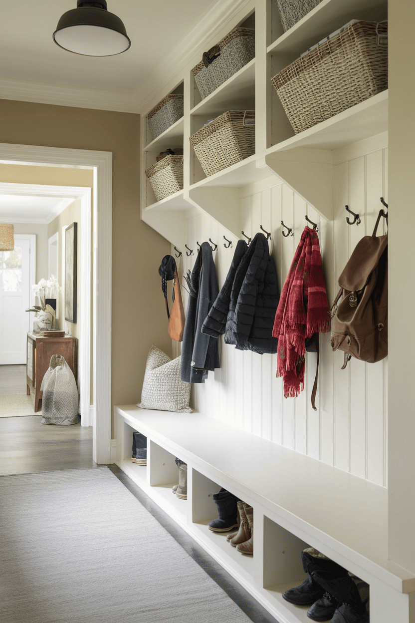 Mudroom hallway with built-in coat racks, shelves, and a bench for shoes.