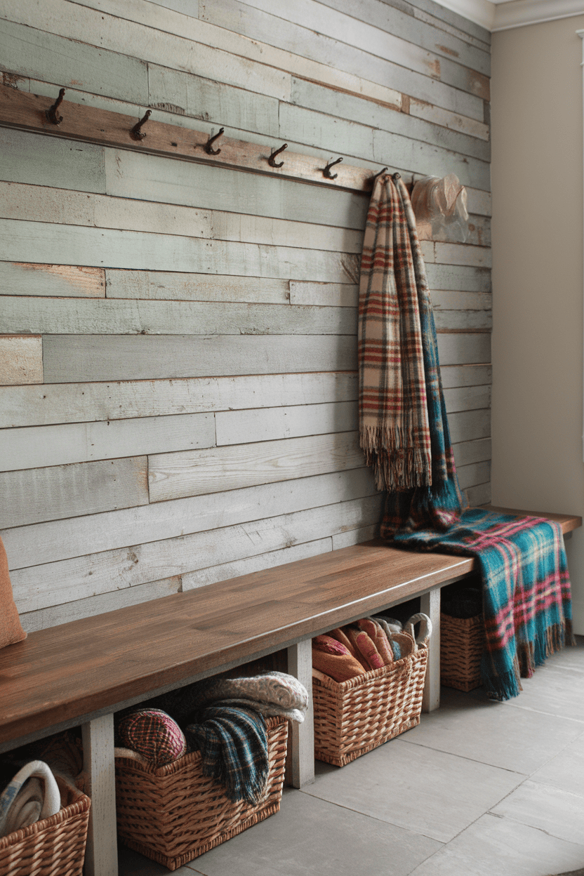 A rustic mudroom featuring a reclaimed wood bench, woven baskets for storage, and hooks for hanging items.