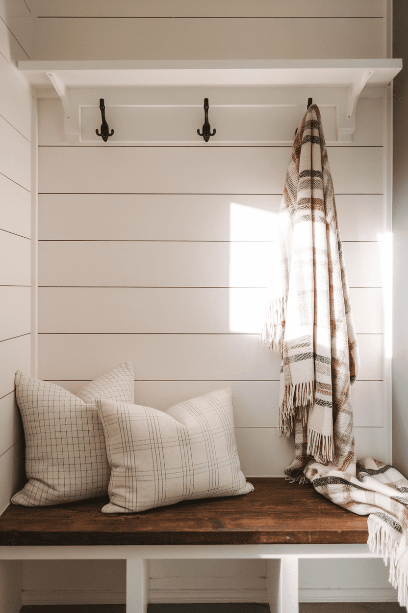 A cozy mudroom featuring shiplap walls, a built-in bench with pillows, and hooks for hanging items.