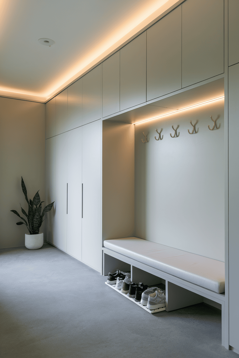 A minimalist mudroom with light cabinetry, a bench, a plant, and organized shoes.