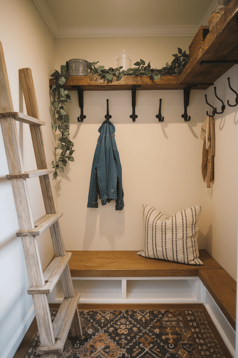 A cozy mudroom featuring a wall of hooks with various coats hanging and a wooden bench below.