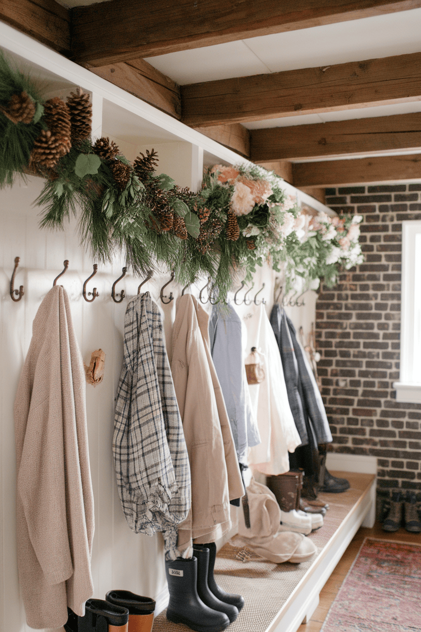 A cozy farmhouse mudroom featuring seasonal décor with a garland of pinecones and greenery, clothing on hooks, and various boots.