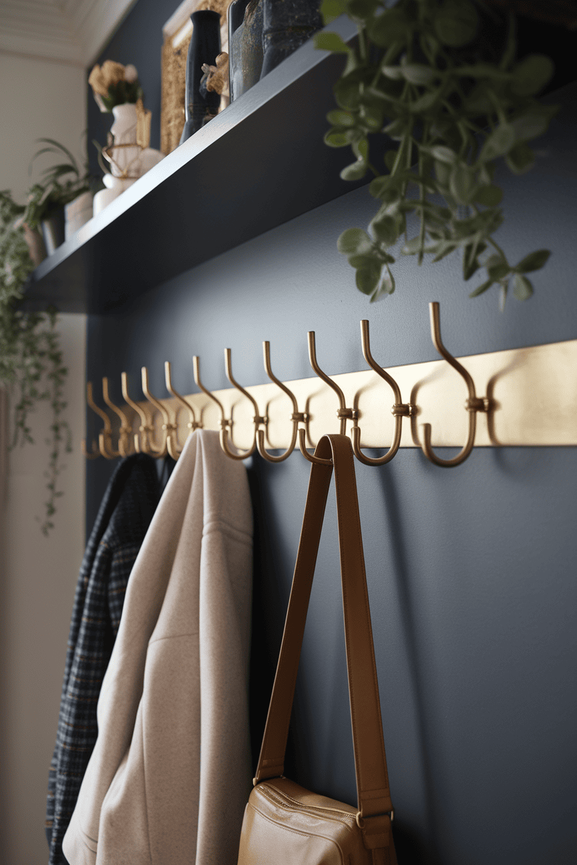 A stylish mud room featuring gold wall-mounted hooks for organization, with coats and bags hanging neatly.