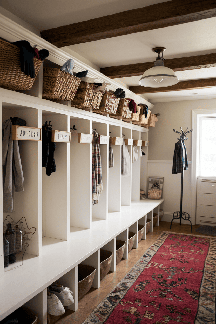 A well-organized farmhouse mudroom with cubby storage, labeled sections, woven baskets, and a cozy rug.