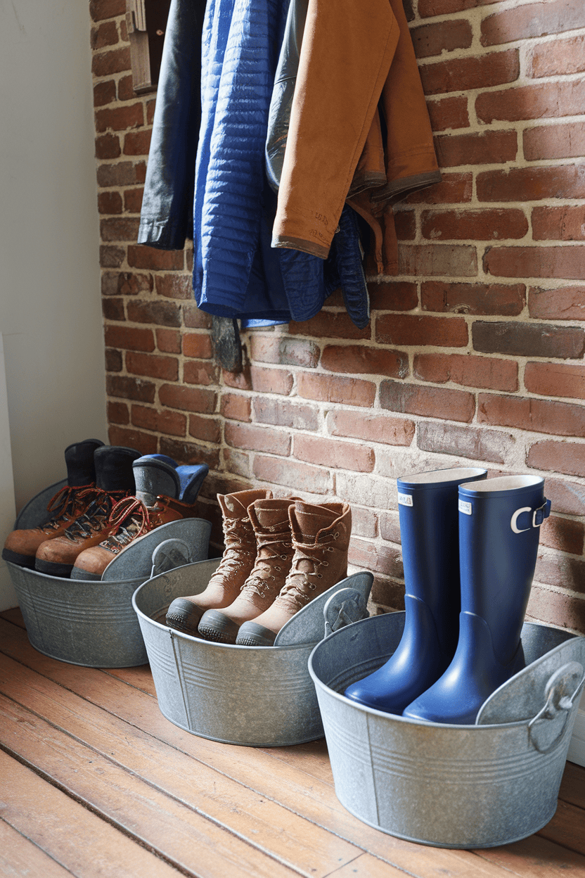 A rustic mudroom featuring three galvanized buckets storing various types of boots against a brick wall.