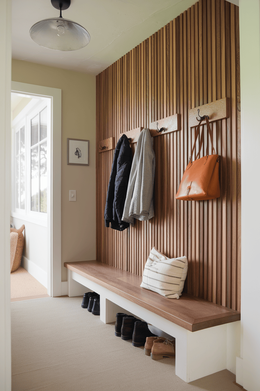 Mudroom hallway featuring a slatted wood wall with hooks for coats, a bench, and shoes below.