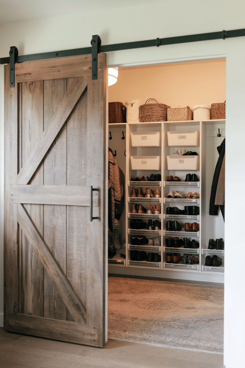 A sliding door mudroom closet featuring a wooden door, organized shelves with shoes and baskets, and hooks for coats.