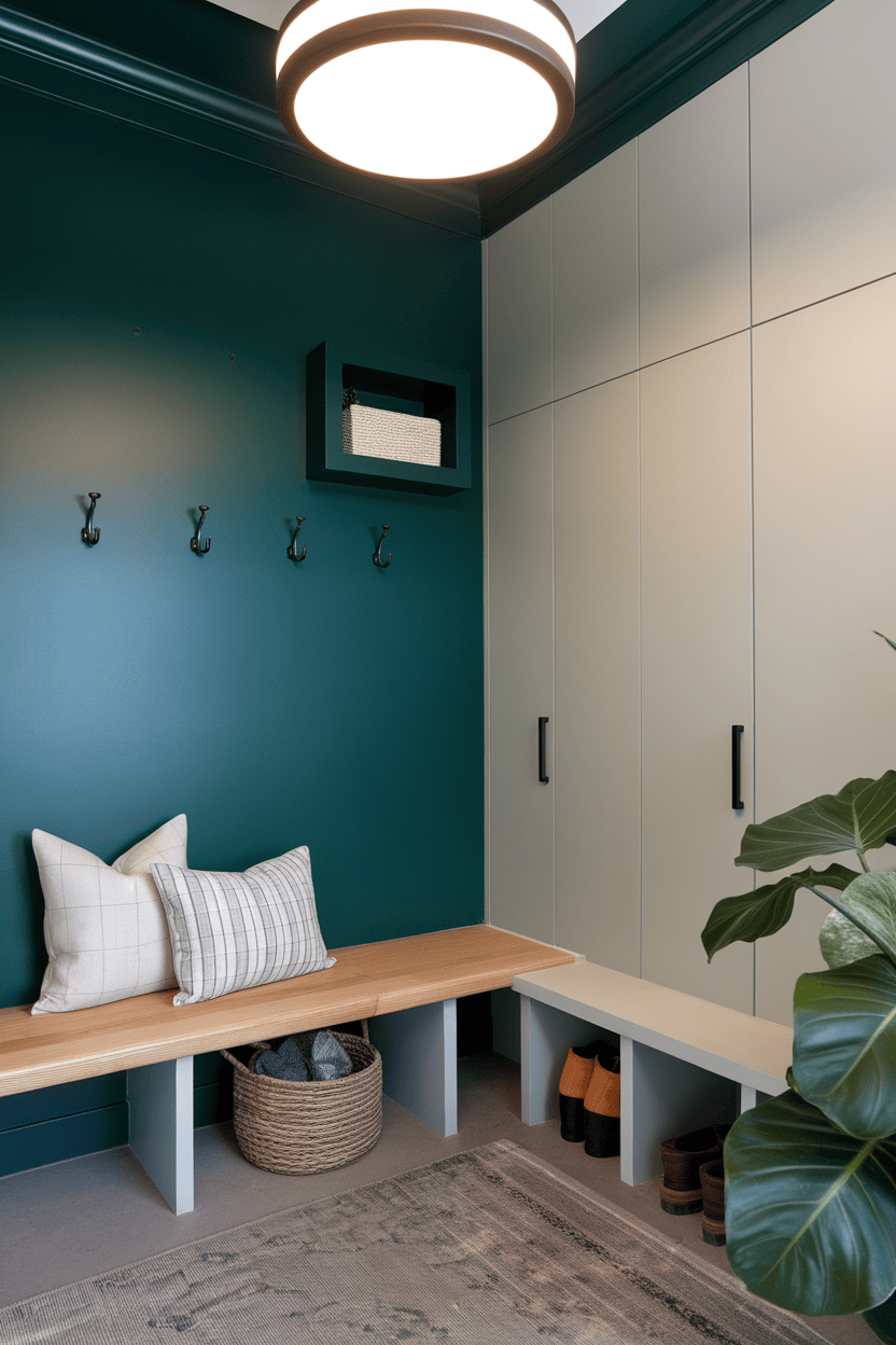 A contemporary mudroom with a bold green accent wall, wooden bench, storage, and plants.