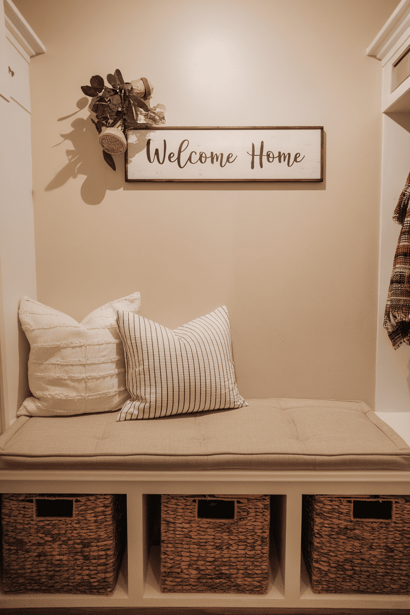 A cozy built-in bench nook with pillows and storage baskets in a tiny mudroom.