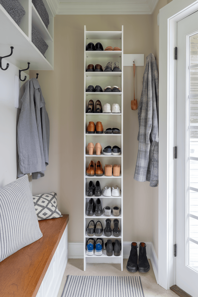 A vertical shoe tower with various shoes neatly organized on shelves in a mudroom