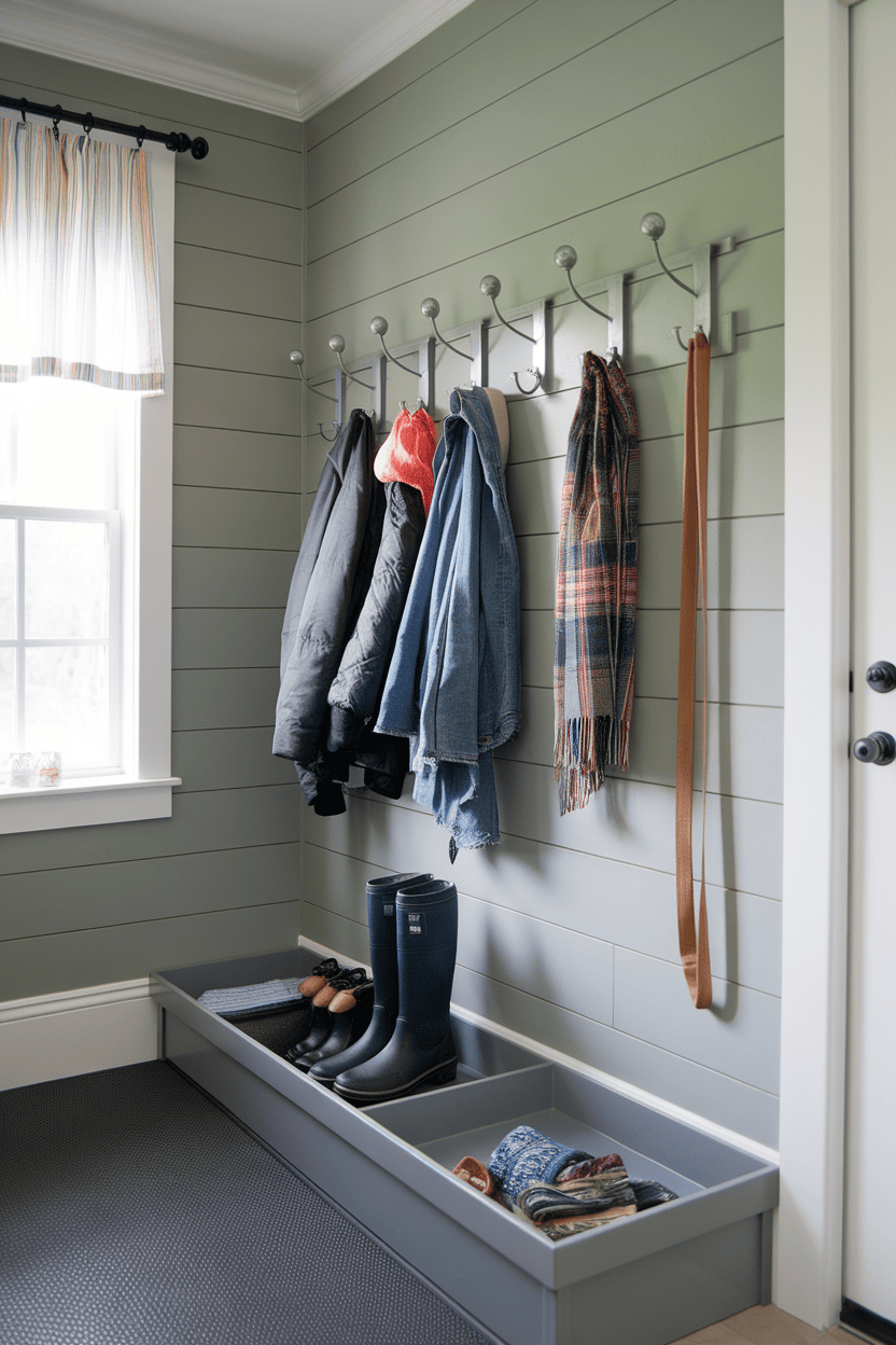 Mudroom with wall hooks for hanging coats and storage for shoes.