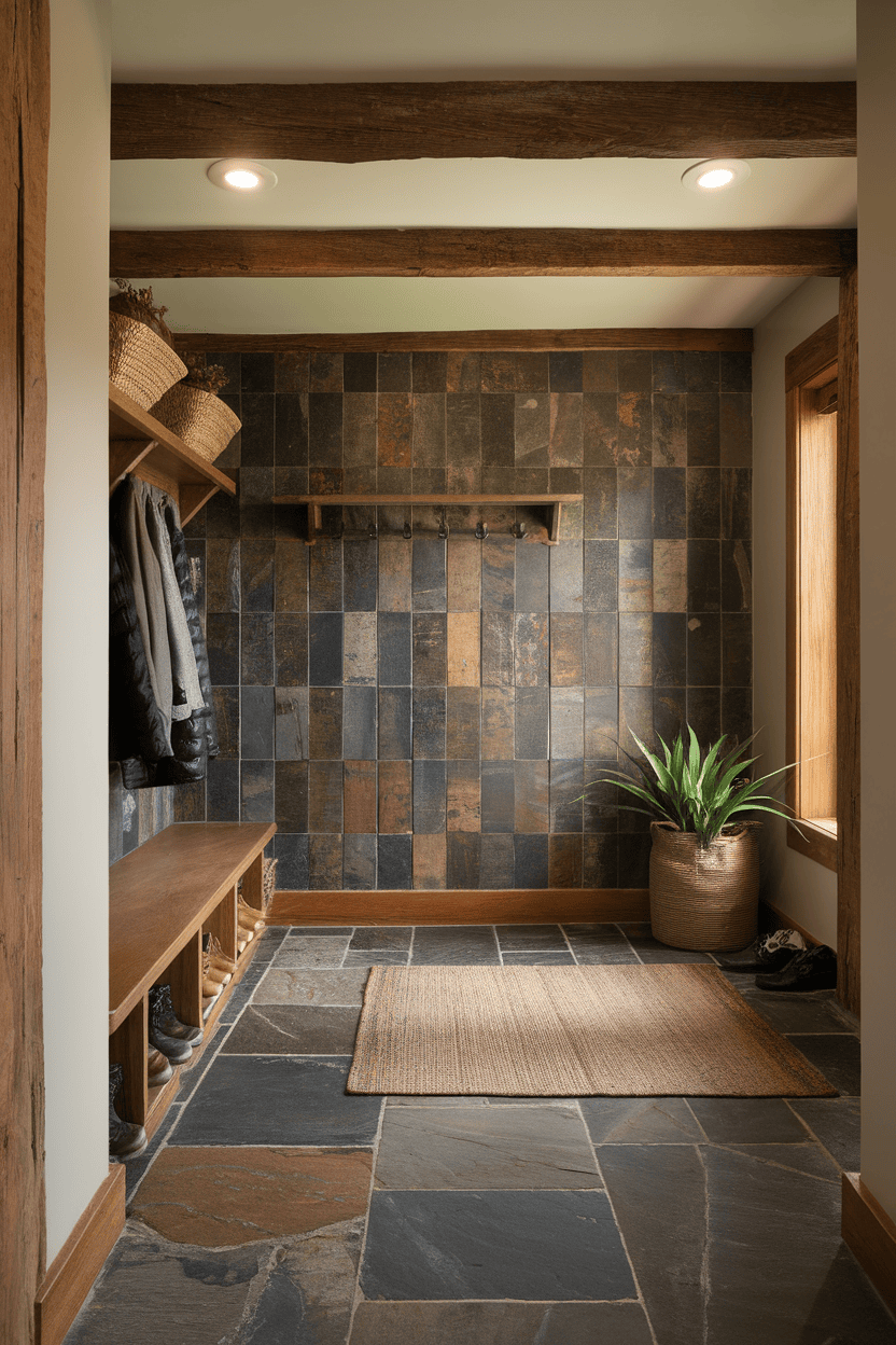 Natural stone flooring in a mudroom setting, featuring earthy tones and textures.